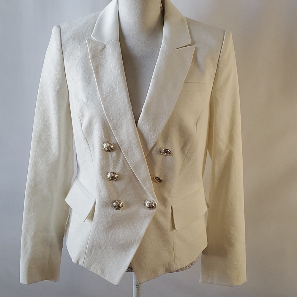 White House Black Market LS Cream Jacquard Double Breasted Blazer Size 10 NWT